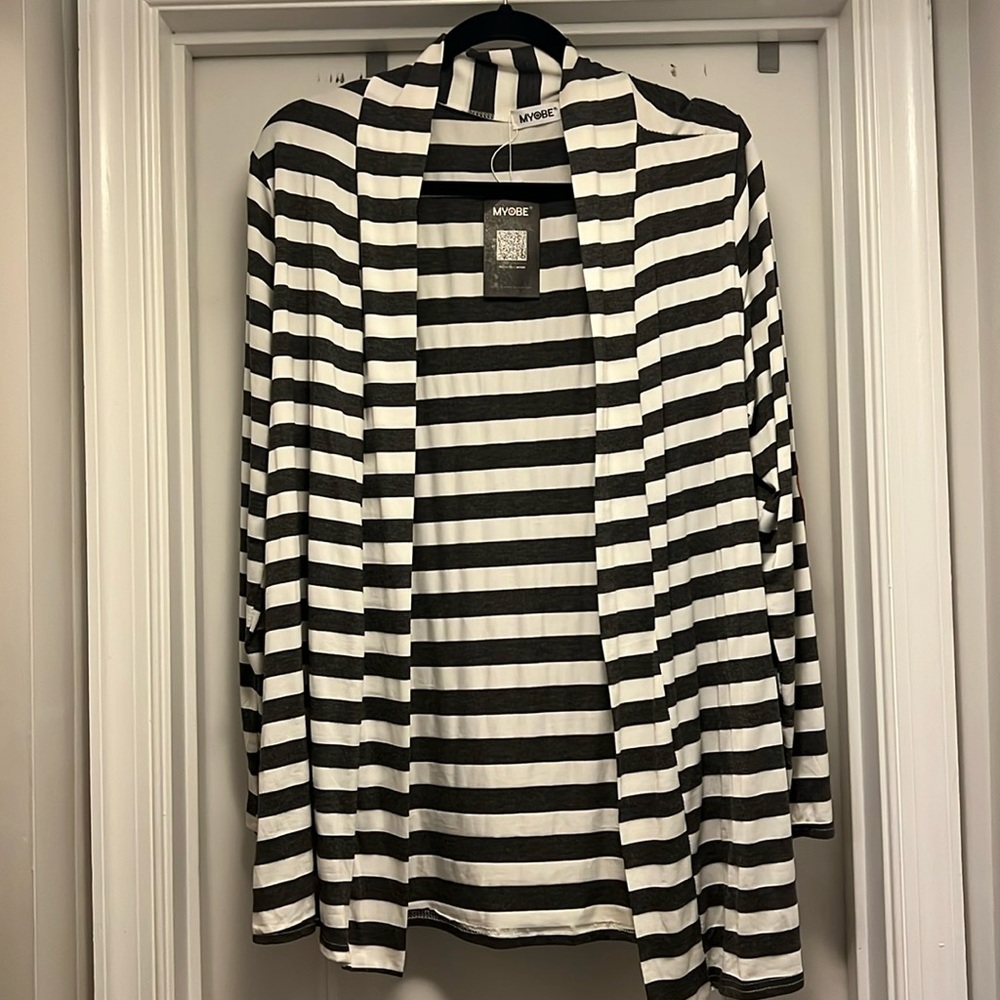 Grey and white striped cardigan with suede elbow pads, NWT